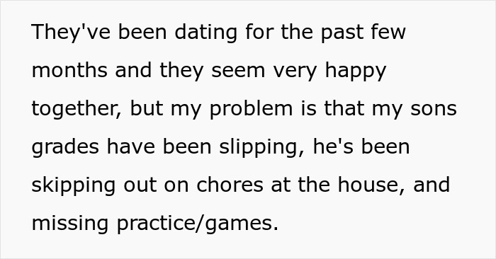 Text discussing son's grades slipping due to relationship distractions. Text discussing son's grades slipping due to relationship distractions.