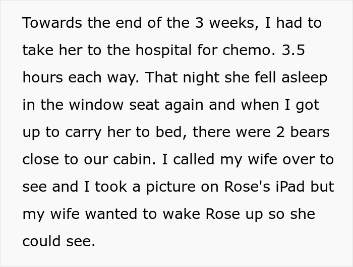 Alt text: Girl with leukemia watches for bears at night near cabin while dad notices two bears but lets her sleep