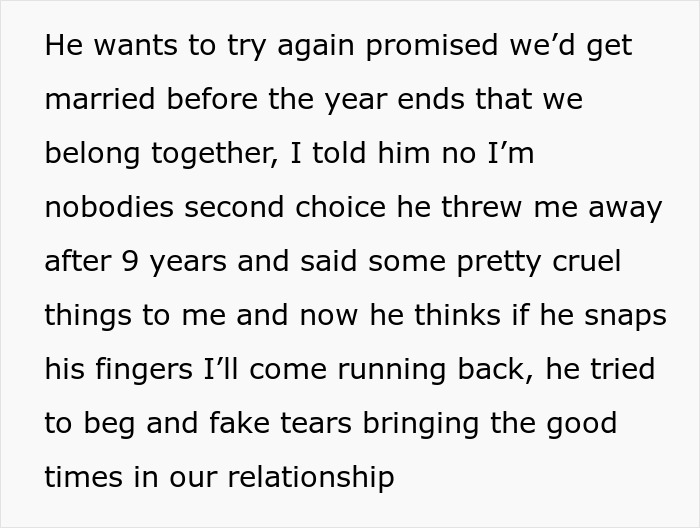 Text message recounting a woman rejecting her ex's attempt to reconcile after being dumped. Text message recounting a woman rejecting her ex's attempt to reconcile after being dumped.