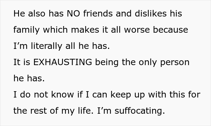 Text about a woman feeling smothered and exhausted by her husband's dependence on her. Text about a woman feeling smothered and exhausted by her husband's dependence on her.