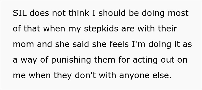 Text message discussing stepchildren exclusion by a stepmom, SIL feels actions punish the kids.