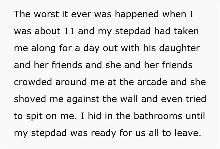 Text describing a difficult moment when a girl was bullied by her stepdad’s daughter at an arcade, leading to hiding in a bathroom. Text describing a difficult moment when a girl was bullied by her stepdad’s daughter at an arcade, leading to hiding in a bathroom.