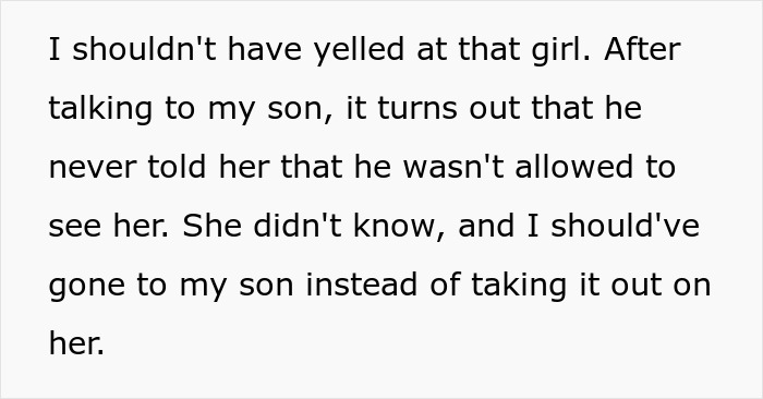 Text about dad's regret for scolding son's GF after learning son didn't inform her about visitation rules. Text about dad's regret for scolding son's GF after learning son didn't inform her about visitation rules.