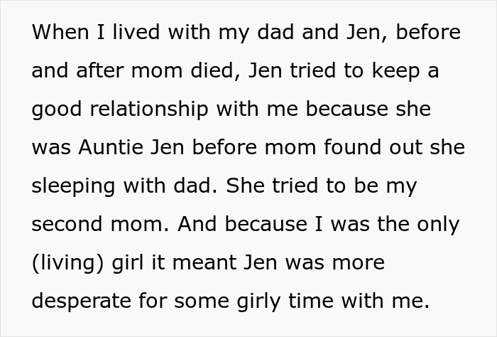 Text on a page describing a stepmom's affair impacting her stepdaughter's life. Text on a page describing a stepmom's affair impacting her stepdaughter's life.