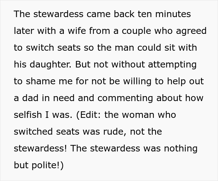 Text about a woman booking two plane seats, with a stewardess involved in a seat switch situation. Text about a woman booking two plane seats, with a stewardess involved in a seat switch situation.