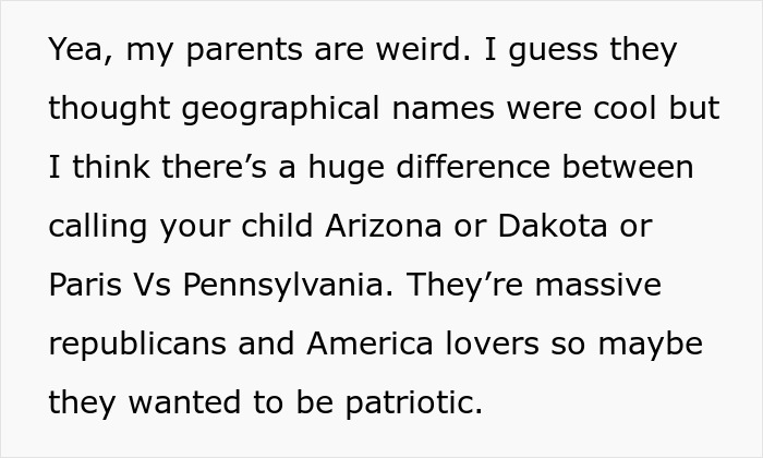 Text discussing parents choosing geographical names like Arizona or Pennsylvania. Text discussing parents choosing geographical names like Arizona or Pennsylvania.