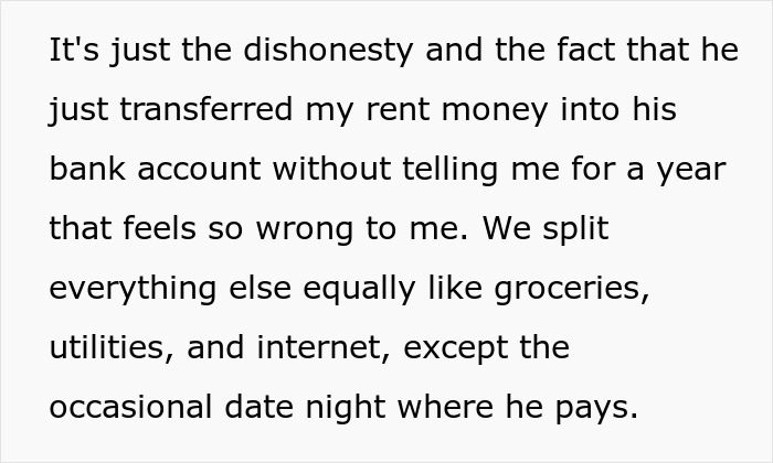 Text depicts a woman's frustration over rent money taken by her boyfriend without informing her. Text depicts a woman's frustration over rent money taken by her boyfriend without informing her.