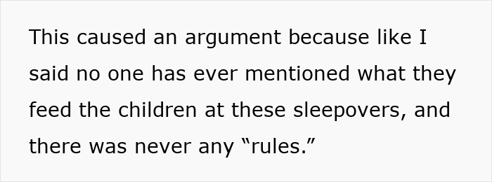 Text about a disagreement over food choices at a softball team sleepover, highlighting lack of established rules. Text about a disagreement over food choices at a softball team sleepover, highlighting lack of established rules.