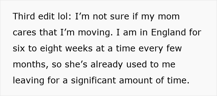 Text discussing uncertainty about a mom’s reaction to moving and frequent travels to England affecting family dynamics. Text discussing uncertainty about a mom’s reaction to moving and frequent travels to England affecting family dynamics.