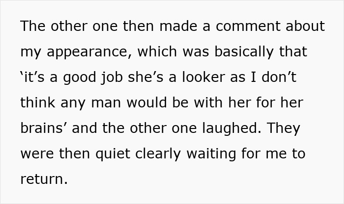 Text about coworkers making an offensive remark during a video call, emphasizing a woman's appearance over intelligence. Text about coworkers making an offensive remark during a video call, emphasizing a woman's appearance over intelligence.