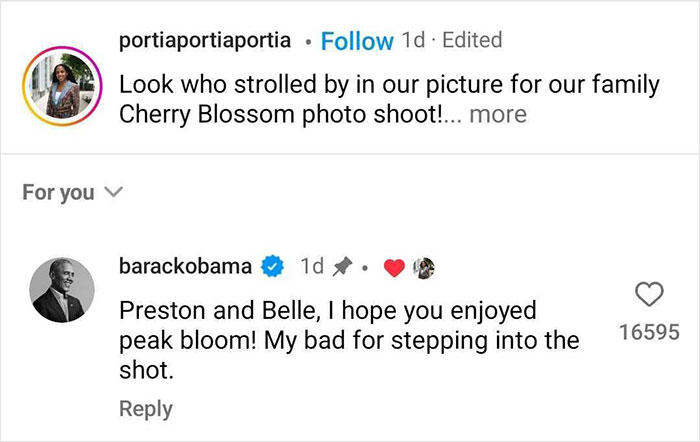 Barack Obama comments on photo shoot, mentioning Preston and Belle, with humorous apology for photobombing. Barack Obama comments on photo shoot, mentioning Preston and Belle, with humorous apology for photobombing.