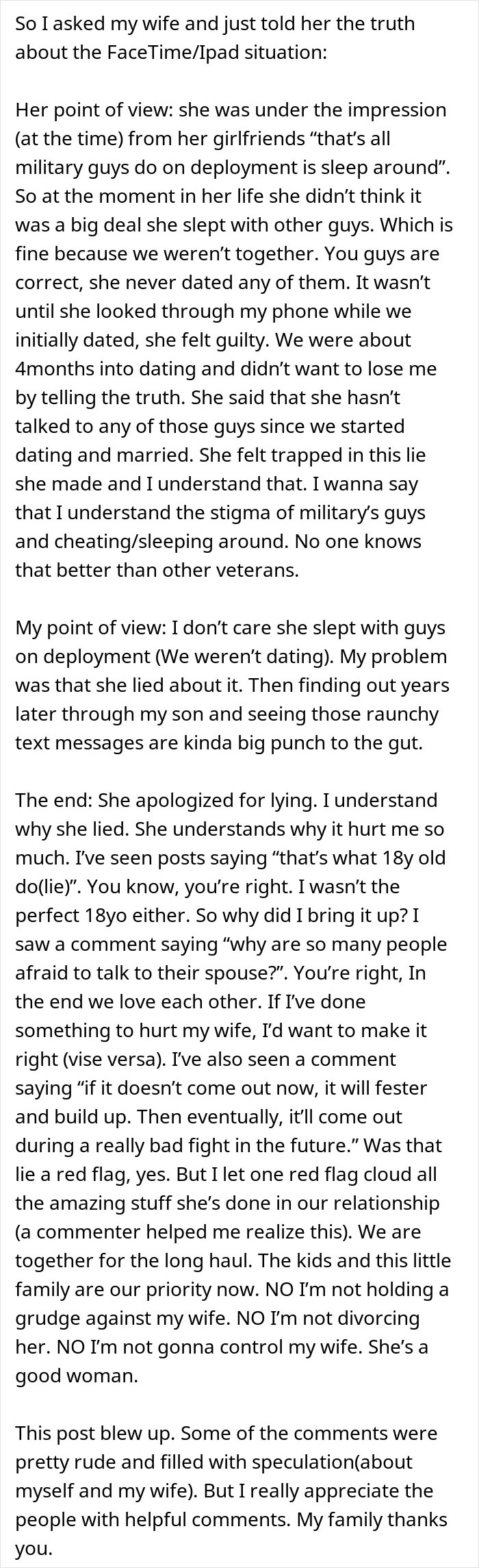 Man learns one reason for marrying wife was false, discusses truth about past relationships and trust issues in text post. Man learns one reason for marrying wife was false, discusses truth about past relationships and trust issues in text post.