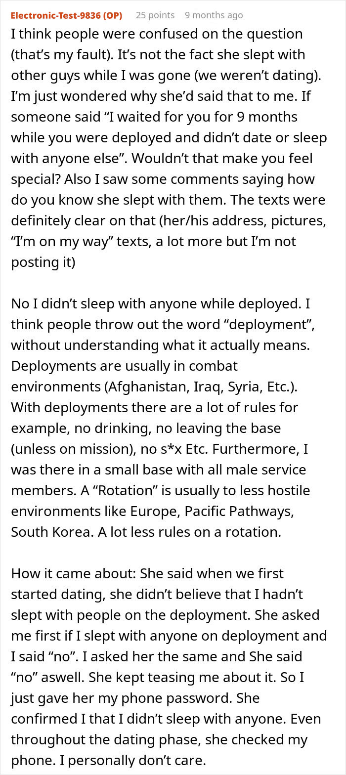 Reddit post discussing marriage, deployment, and trust issues between a man and his wife. Reddit post discussing marriage, deployment, and trust issues between a man and his wife.