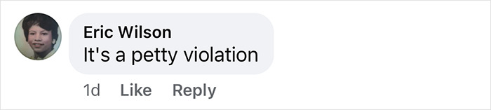 Facebook comment by Eric Wilson saying, “It's a petty violation,” related to Black woman detained incident. Facebook comment by Eric Wilson saying, “It's a petty violation,” related to Black woman detained incident.