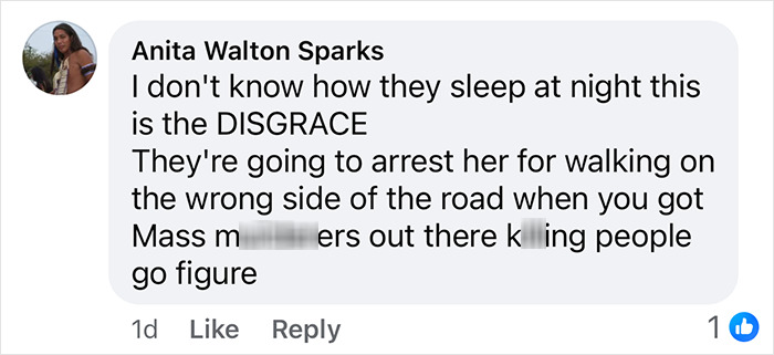 Comment discussing detaining a Black woman for walking on the wrong side of the road, highlighting perceived injustice. Comment discussing detaining a Black woman for walking on the wrong side of the road, highlighting perceived injustice.