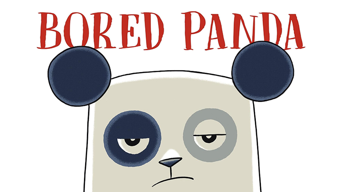 Illustration of a bored panda with sleepy eyes under the text Bored Panda for a children's book promotion.