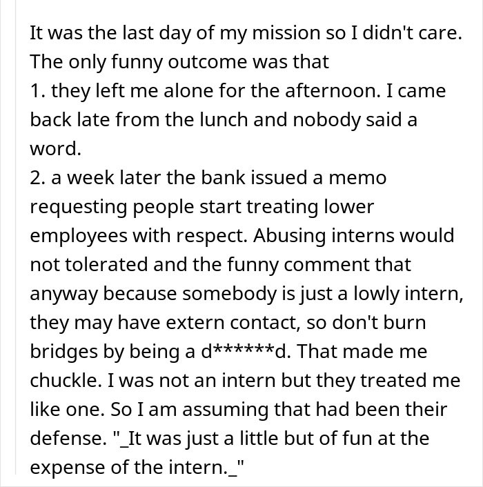 Text discussing traders' arrogance and respect for lower-level employees, with a focus on intern treatment. Text discussing traders' arrogance and respect for lower-level employees, with a focus on intern treatment.