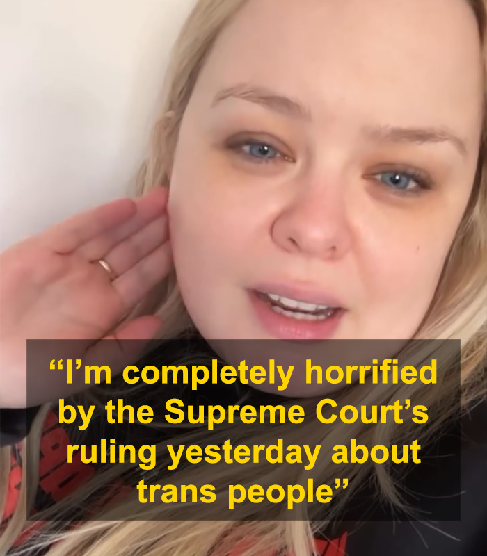 Actor expressing concern over trans rights, with text overlay about being horrified by ruling. Actor expressing concern over trans rights, with text overlay about being horrified by ruling.