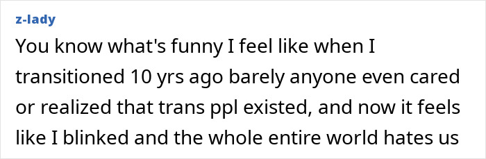 Text expressing feelings about societal changes towards trans people over 10 years. Text expressing feelings about societal changes towards trans people over 10 years.