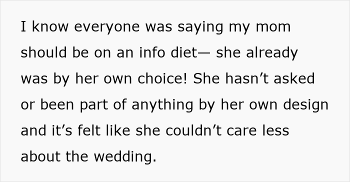 Text excerpt about a bride’s joy turning into drama as parents treat wedding secrets like gossip. Text excerpt about a bride’s joy turning into drama as parents treat wedding secrets like gossip.