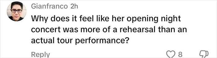 Comment questioning if Katy Perry's tour debut felt like a rehearsal. Comment questioning if Katy Perry's tour debut felt like a rehearsal.