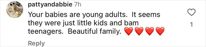 Comment on social media admiring kids who have grown up, with heart emojis. Comment on social media admiring kids who have grown up, with heart emojis.