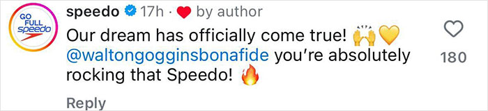 Speedo comment praising Walton Goggins for wearing a Speedo with enthusiasm and emojis. Speedo comment praising Walton Goggins for wearing a Speedo with enthusiasm and emojis.