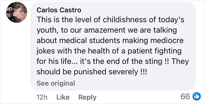 Comment criticizing medical students for mocking a patient who had four transplants. Comment criticizing medical students for mocking a patient who had four transplants.