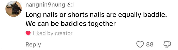 Comment on nail styles, sparking debate on patriarchy, with heart and likes. Comment on nail styles, sparking debate on patriarchy, with heart and likes.
