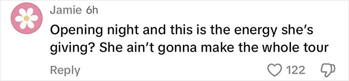 Comment mocking Katy Perry's tour debut for lack of energy, suggesting "mom moves" due to insufficient rehearsal. Comment mocking Katy Perry's tour debut for lack of energy, suggesting "mom moves" due to insufficient rehearsal.