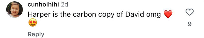 Comment about Harper being a "carbon copy" of David with heart and heart-eyes emojis. Comment about Harper being a "carbon copy" of David with heart and heart-eyes emojis.