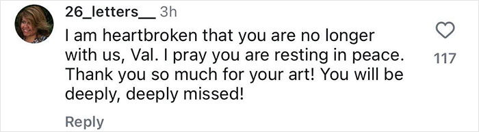 Instagram comment expressing sadness over Val Kilmer's passing, praising his art and saying he will be deeply missed. Instagram comment expressing sadness over Val Kilmer's passing, praising his art and saying he will be deeply missed.