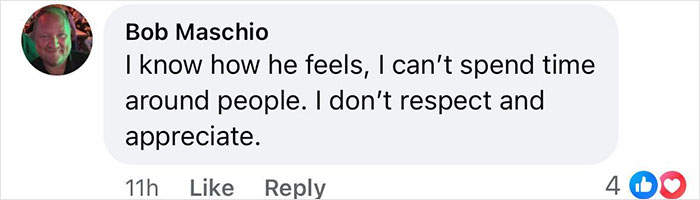 Comment by Bob Maschio expressing empathy and frustration about avoiding people he doesn't respect. Comment by Bob Maschio expressing empathy and frustration about avoiding people he doesn't respect.