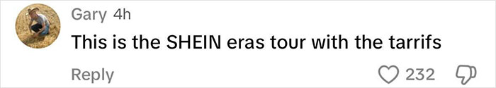 Comment mocking Katy Perry's tour with humor, mentioning tariffs, 232 likes. Comment mocking Katy Perry's tour with humor, mentioning tariffs, 232 likes.