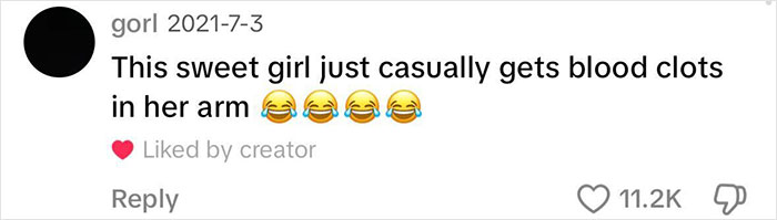 A comment reading about a girl with an enlarged arm due to blood clots, with laughing emojis and likes. A comment reading about a girl with an enlarged arm due to blood clots, with laughing emojis and likes.