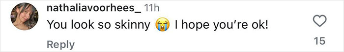 Comment saying "You look so skinny, I hope you're ok!" with a crying emoji, related to Demi Lovato. Comment saying "You look so skinny, I hope you're ok!" with a crying emoji, related to Demi Lovato.