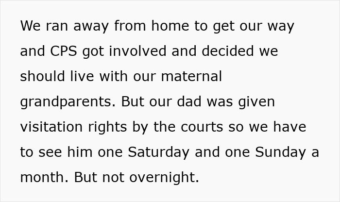 Text describing a situation involving CPS, grandparents, and dad's visitation rights. Text describing a situation involving CPS, grandparents, and dad's visitation rights.