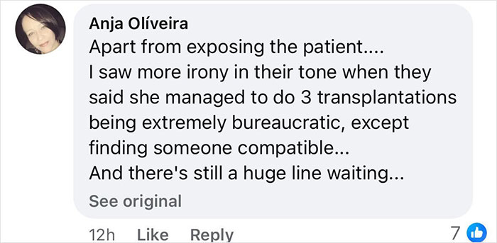 Comment discussing irony in medical students' tone about a woman's transplants. Comment discussing irony in medical students' tone about a woman's transplants.