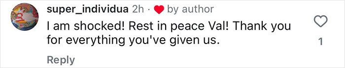 Comment expressing sorrow and gratitude for Val Kilmer, with heart emoji reaction. Comment expressing sorrow and gratitude for Val Kilmer, with heart emoji reaction.