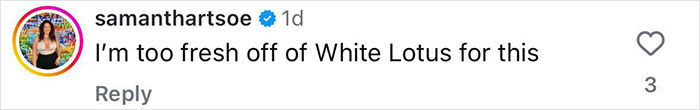 Comment on social media says, "I'm too fresh off of White Lotus for this," with a username displayed. Comment on social media says, "I'm too fresh off of White Lotus for this," with a username displayed.