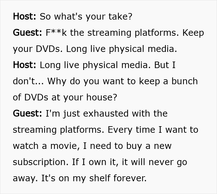 Conversation about the benefits of physical media over streaming services. Conversation about the benefits of physical media over streaming services.