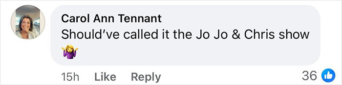 Comment on JoJo Siwa's Big Brother moment, suggesting the Jo Jo & Chris show, with shrug emoji. Comment on JoJo Siwa's Big Brother moment, suggesting the Jo Jo & Chris show, with shrug emoji.