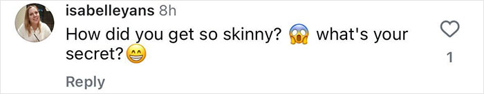 Instagram comment questioning a person's slim appearance using surprised and smiling emojis. Instagram comment questioning a person's slim appearance using surprised and smiling emojis.