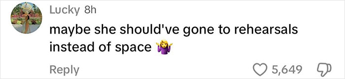 Comment mocking Katy Perry's dance moves, mentioning rehearsal and space, with a shrug emoji and likes count. Comment mocking Katy Perry's dance moves, mentioning rehearsal and space, with a shrug emoji and likes count.