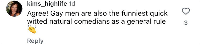 Comment applauding gay comedians, relating to Jennifer Coolidge's viral response about LGBTQ+ fans. Comment applauding gay comedians, relating to Jennifer Coolidge's viral response about LGBTQ+ fans.