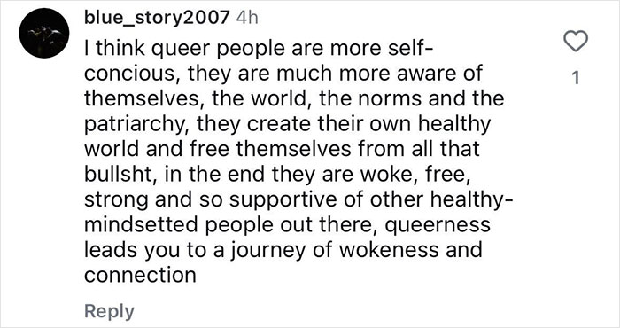 Comment about LGBTQ+ community's self-awareness and empowerment. Comment about LGBTQ+ community's self-awareness and empowerment.