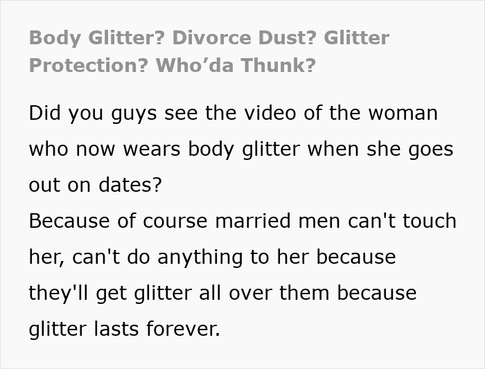 Women using glitter deterrent against men, text discussing "Divorce Dust" concept as protection on dates. Women using glitter deterrent against men, text discussing "Divorce Dust" concept as protection on dates.