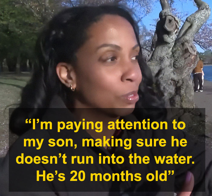 Woman discussing her son’s safety by the water, with trees in the background. Woman discussing her son’s safety by the water, with trees in the background.