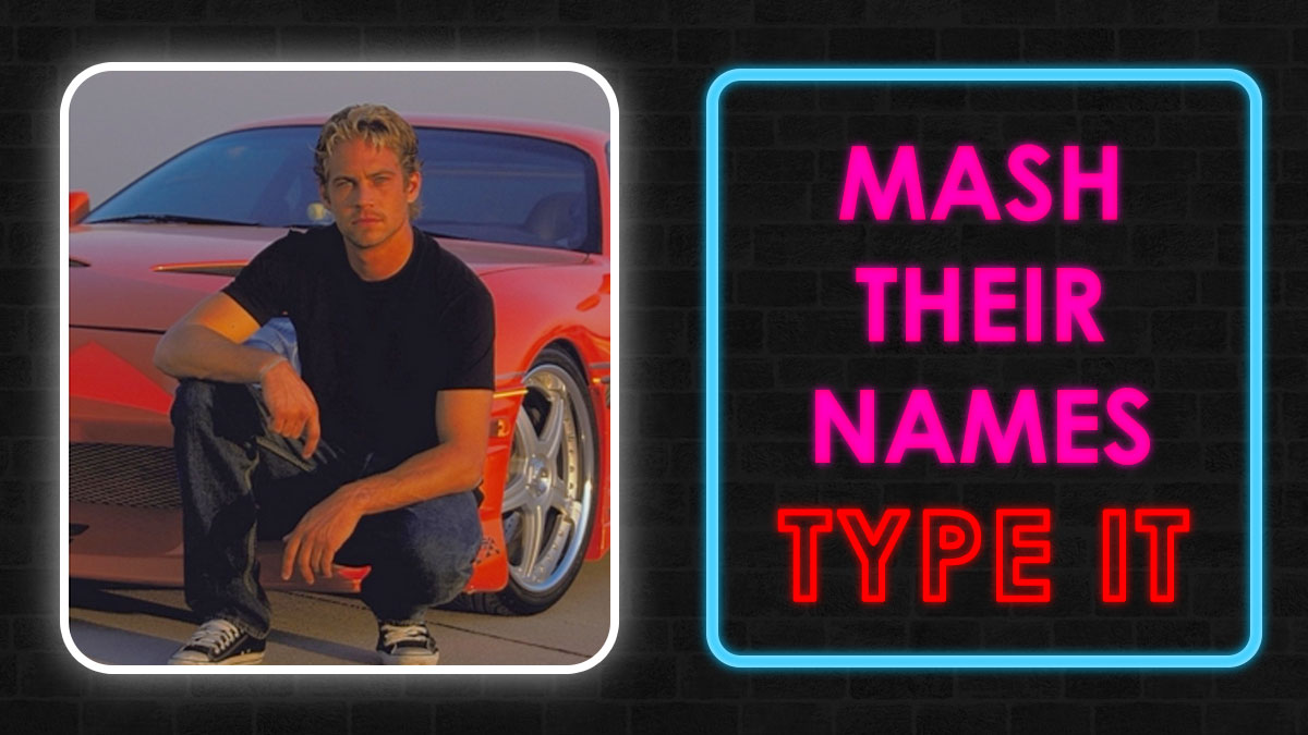 Man squatting in front of a red sports car next to neon sign saying mash their names type it celebrity name mashups quiz.