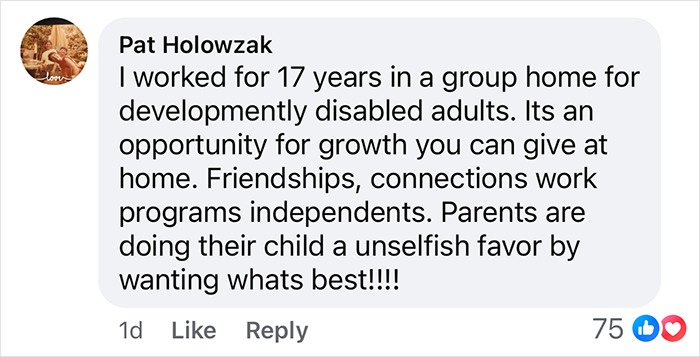 Comment about a group home experience for disabled adults, highlighting growth opportunities and support for families. Comment about a group home experience for disabled adults, highlighting growth opportunities and support for families.